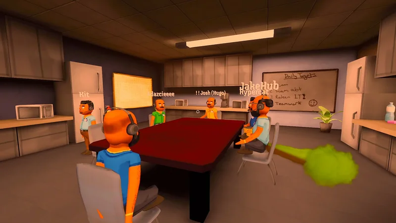 Friends gathered around a table in the call-center break room