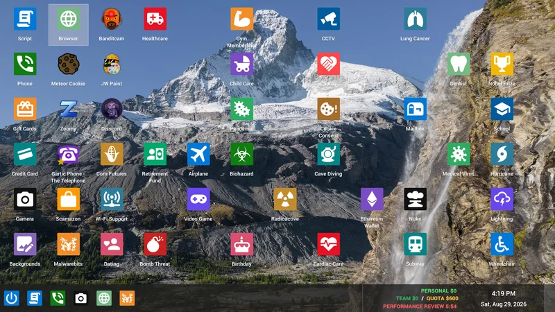 The game desktop filled with colorful fictional app icons